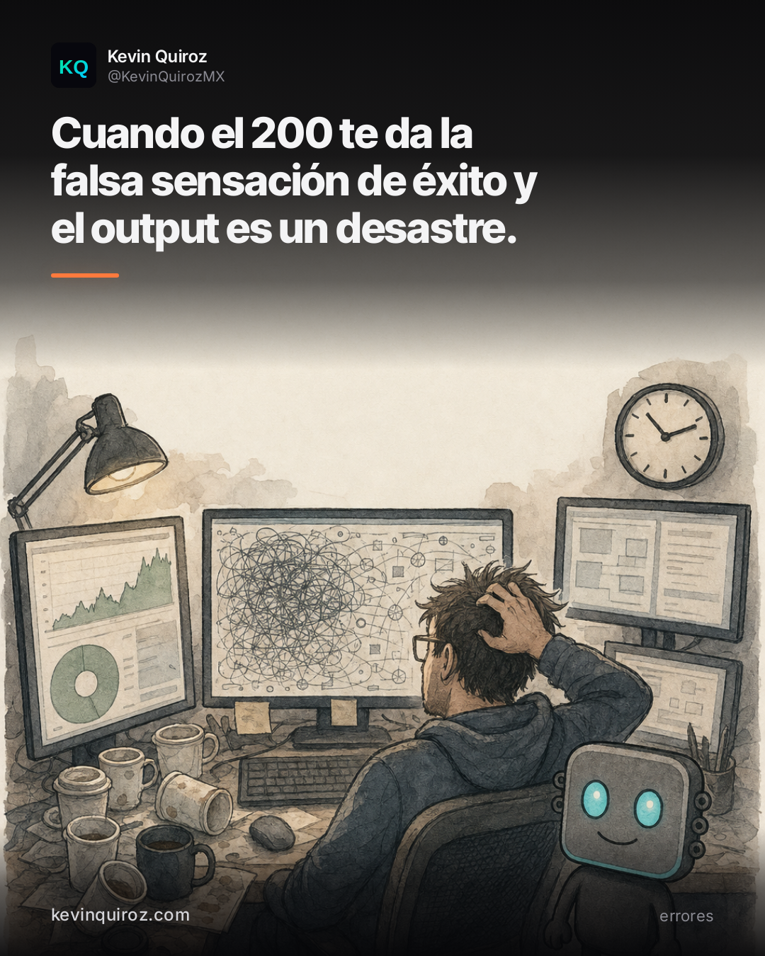 Meme: un dev frente a monitores con un enredo caótico en pantalla mientras el status muestra 200